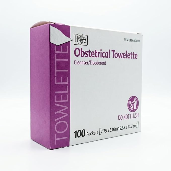 Hygea Obstetrical Towelette, Postpartum Care, Feminine Personal Cleansing Wipe With Benzalkonium Chloride, Individually Wrapped, 100 Wipes Per Box