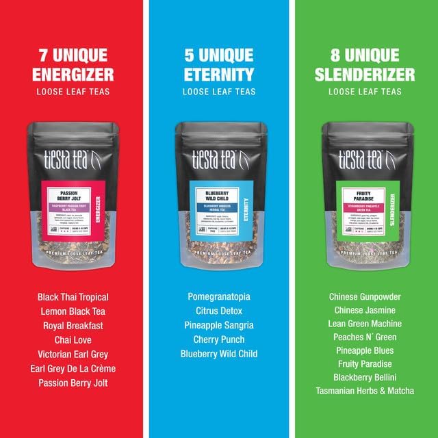 Tiesta Tea - Tiesta Tastings Sampler Dry Flight Set, Loose Leaf, High to No Caffeine, Makes Hot and Iced, Assorted Tea Sets with Herbal, Chai, Fruit Blend & More, 45 Resealable Sample Pouches