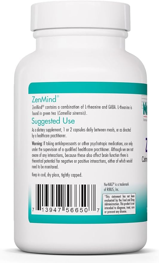 Nutricology ZenMind - 550 mg GABA & 200 mg L-Theanine - Calmness & Relaxation Support Day or Night - Non-Drowsy Formula - Vegetarian Capsules - 60 Servings - 120 Capsules