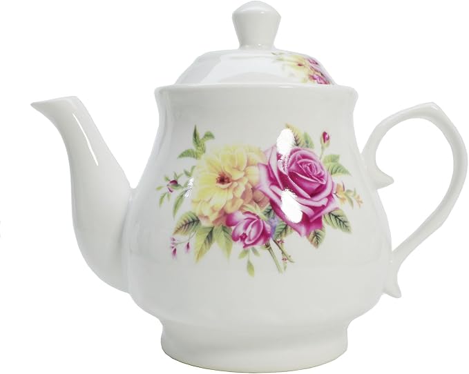 Porcelain Teapot, Ceramic White Teapot With Floral Coffee Tea Water Pot Vintage Ceramic Kettle (28oz)