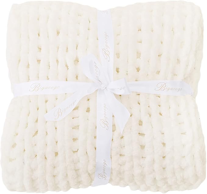 Bigacogo Chunky Knit Throw Blanket for Couch, 40x60 inches, Ivory | Hand Knit with Jumbo Chenille, Soft Breathable Cable Knit for Sofa Bed Living Room, Machine Washable, Gift for Mom Friend