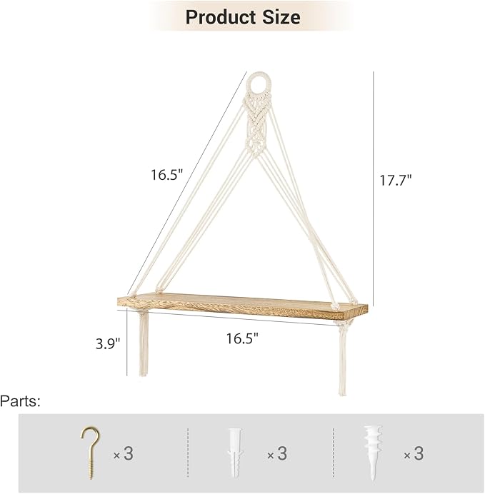 Mkono Macrame Hanging Shelves Boho Wall Decor Set of 3 Floating Wood Shelf | Cute Room Decor for Teen Girls Display Storage Shelves for Hanging Plant Photos Fit Bedroom Bathroom Living Room Nursery Dorm