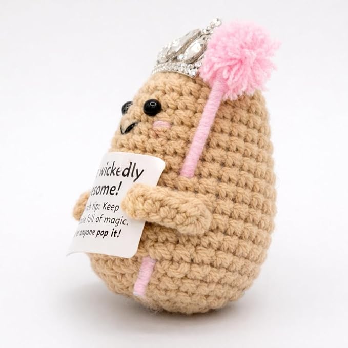 M.O.Q. Mini Funny Pink Witch Birthday Crochet Ideas Gifts for Women Her Him Ages 14+, Small Cute Stuff Things, Handmade Emotional Positive Crochet Witch Decor
