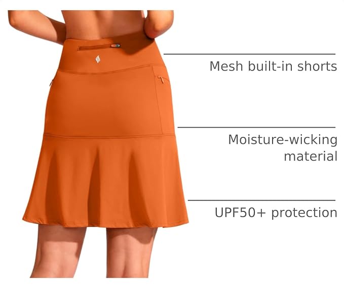 19" Ruffled Golf Skirts for Women | 3 Zipper Pockets, Knee Length, High Waisted, Long Skorts for Athletic, Casual, Tennis, Pickleball