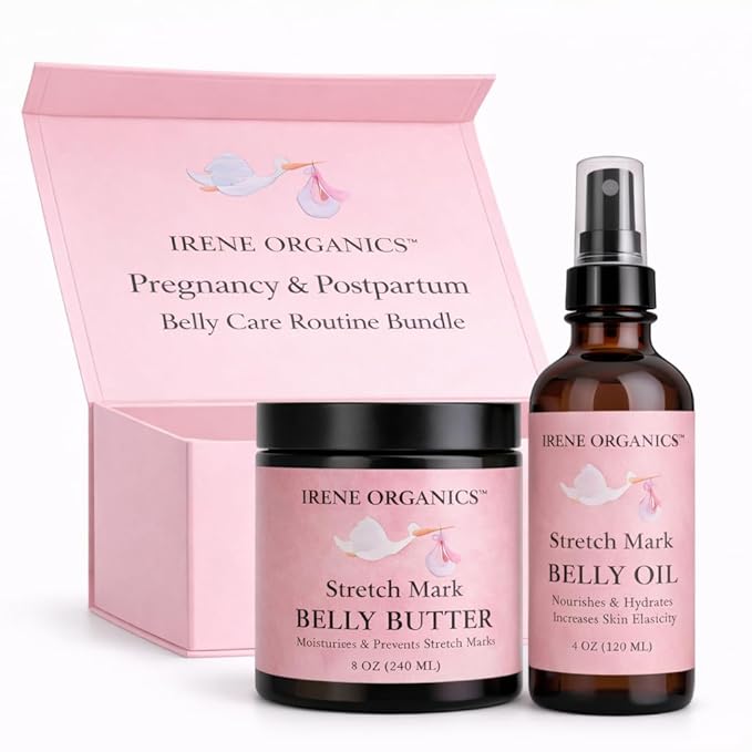 Belly Bundle by Irene Organics - Organic Belly Butter and Oil for Pregnancy Stretch Mark Prevention and Treatment - Award Winning Skincare For Pregnancy and Postpartum - Mother's Day Gift Set (Large)