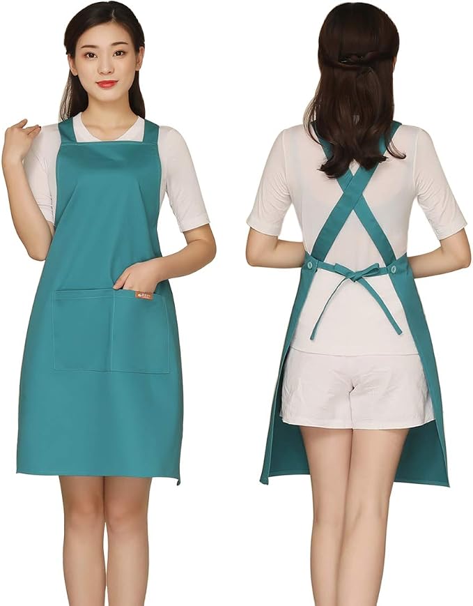 NEWGEM 100% Cotton Cross Back Apron for Women with 2 Pockets - Adjustable Button Straps Pinafore, No Neck Pain Kitchen Chef Apron for Baking, Gardening, Art Teacher (Light Green)