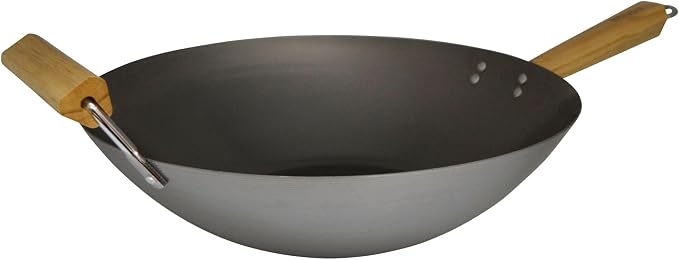 IMUSA 14 Inch Carbon Steel Wok with Wood Handles for Noodles | Natural Nonstick Surface, Cool Touch and Helper Handles, Lightweight Flat Base, Ideal for Stir-Frying and Asian Dishes