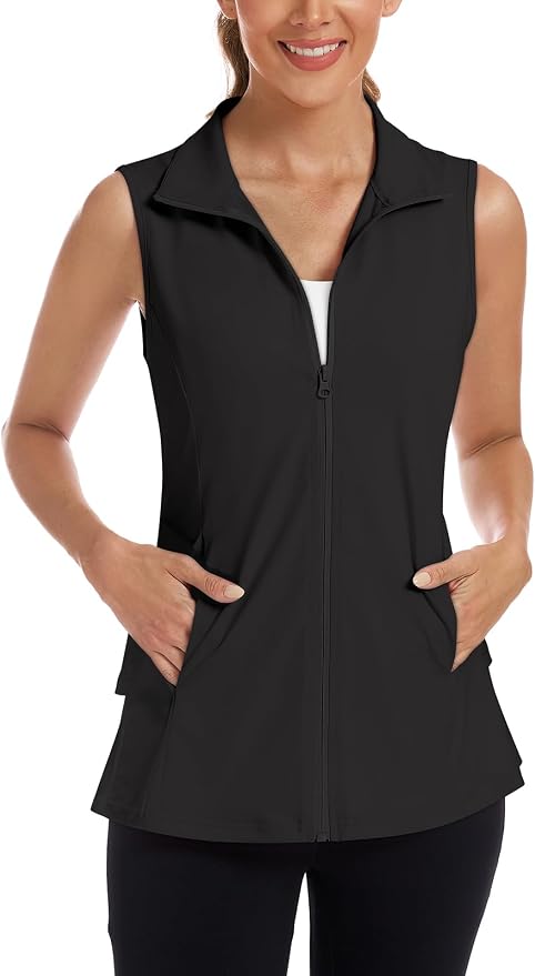 Women's Golf Vest with Pleated Tennis Skirt Hem Lightweight Full Zip Sleeveless Athletic Shirts with Pockets