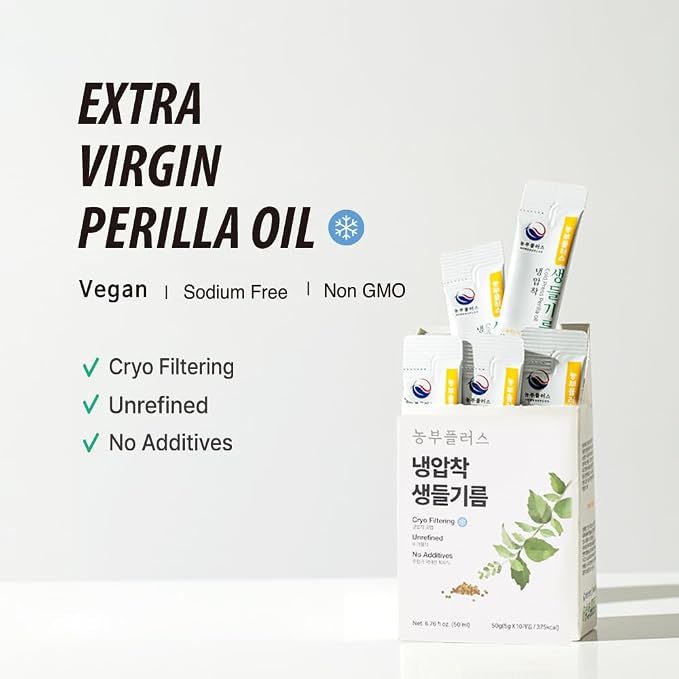 Korean Food Nongbu Cold-Pressed Perilla Oil Sticks Single-Serve 10 Pk 50g | Cold-pressed perilla oil in 10 individually wrapped single-serve sticks with a fresh, rich nutty flavor. Product of Korea.