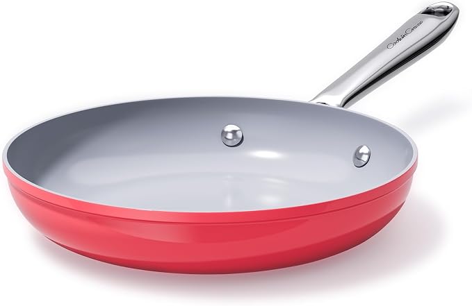 CookinCraze Premium Ceramic Frying Pan, 10 Inch Nonstick Skillet | for Healthy Cooking PFAS & PTFE Free, Induction Compatible Oven Safe up to 500°F Stay-Cool Stainless Steel Handle, Fusion Red