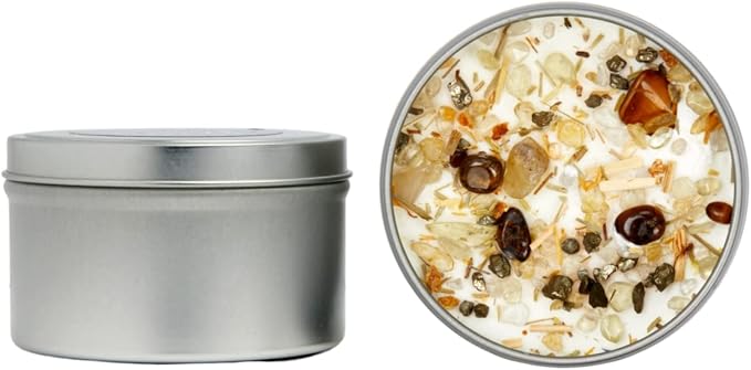 Solar Plexus Chakra Candle by New Moon Beginnings - Chakra Candles - Dried Flower, Herb, & Crystal Candles - Aromatherapy Candles - Soy Candle - 8oz Tin
