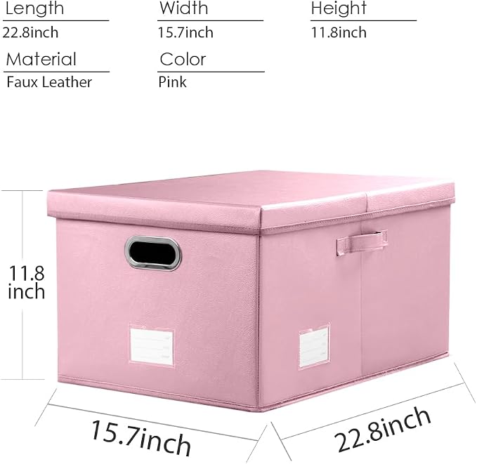 Collapsible Storage Box with Lid [1-Pack] Leather Fabric Foldable Storage Bin Organizer Container Basket Cube with Cover for Home Bedroom Closet Office Nursery Pink (22.8X15.7X11.8)