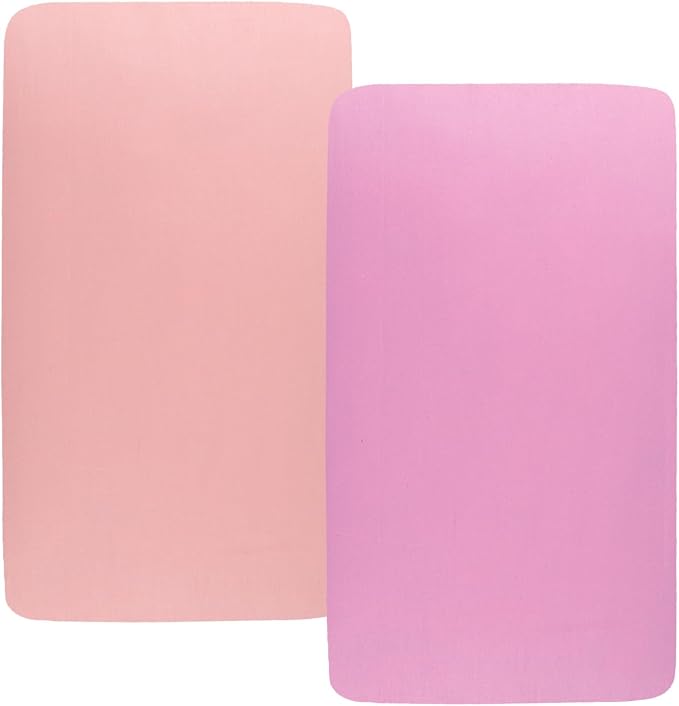 Stretchy Fitted Crib Sheets Set 2 Pack Portable Crib Mattress Topper for Baby Girl Boy,Ultra Soft Jersey Material, Light Purple & Pink