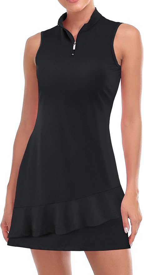 Viracy Tennis Dress for Women Sleeveless Golf Dresses with Shorts and Pockets Ruffle Zip Up Stand Collar Golf Outfits