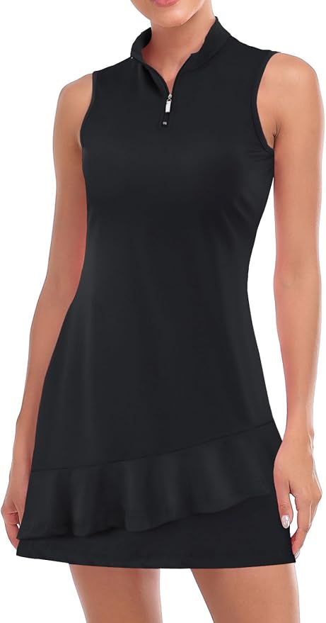 Viracy Tennis Dress for Women Sleeveless Golf Dresses with Shorts and Pockets Ruffle Zip Up Stand Collar Golf Outfits