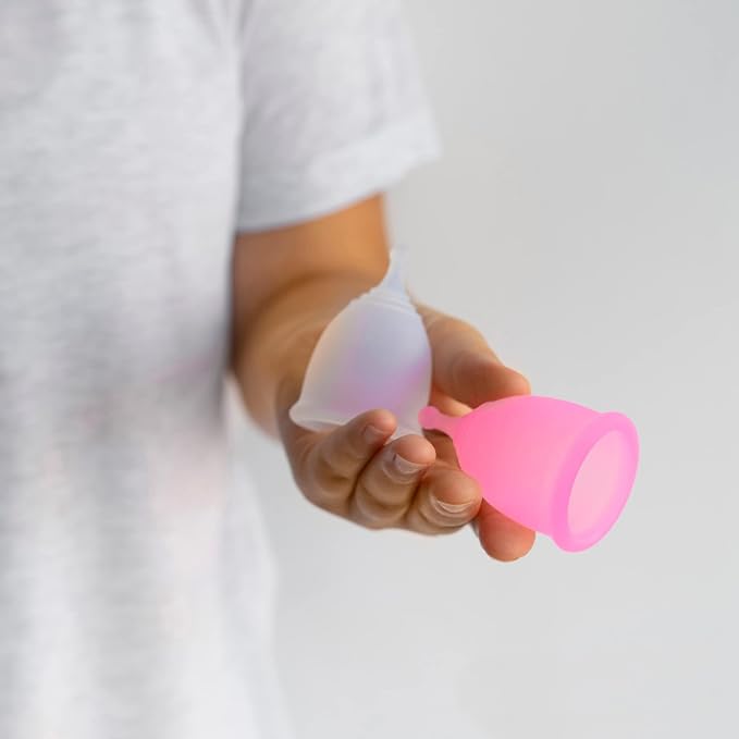 AMZ Medical Supply Silicone Menstrual Cups Small/Large. 100 Pack Period Cups for Women Heavy Flow, Normal Flow. Pink & Transparent Reusable Period Cup + Storage Bag & Brush. Leak Proof Menstrual Cup