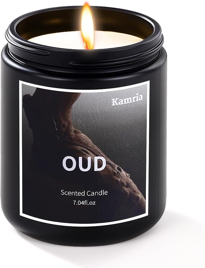 Oud Scented Candle for Men, Masculine Woodsy Aromatherapy Jar Candle, Natural Soy Wax Long Lasting Burn, Luxury Black Decor Gift for Him, 7oz