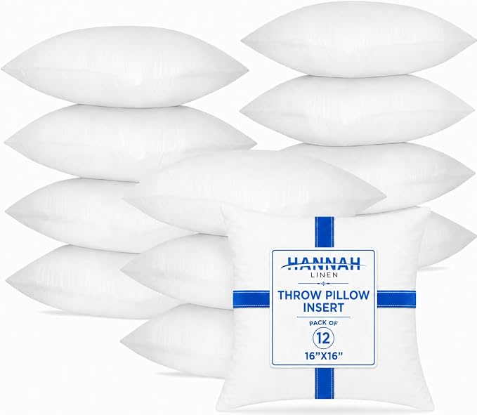 Hannah Linen Throw Pillow Inserts 16x16 – 12 Pack Square Decorative Cushion Stuffers for Couch, Sofa & Bed – Soft Fluffy Polyester Filled Pillow Inserts for Indoor Home Décor