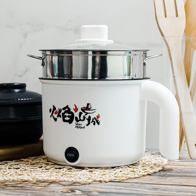 VEGAS Electric Hot Pot with Stainless Steel Steamer, 1.7L Mini Portable Ramen Noodle Cooker, Nonstick Electric Cooking Pot with Glass Lid for Dorm Travel Office - Steam & Boil, 7 Inch, Color Random