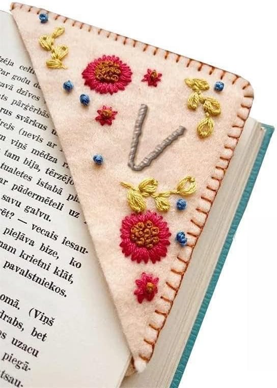 MOTEERLLU Personalized Hand Embroidered Corner Bookmark,Felt Triangle Page Stitched Handmade Bookmark,Unique Cute Flower Letter Embroidery Bookmarks Accessories for Book Lovers(Fall-v)