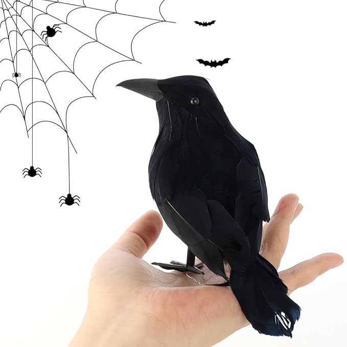 AEVBSOY 3 Pack Black-Feathered Crows Halloween Decorations - Realistic Artificial Handmade Black Feathered Crows for Halloween Party & Outdoor/Indoor Decorations