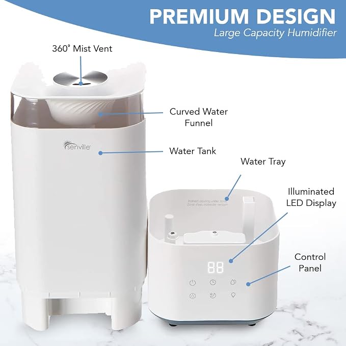 Senville 5L Top-Fill Humidifier for Home, Large Capacity Cool Mist Humidifier, Ultrasonic, With Essential Oil Diffuser for Aromatherapy White