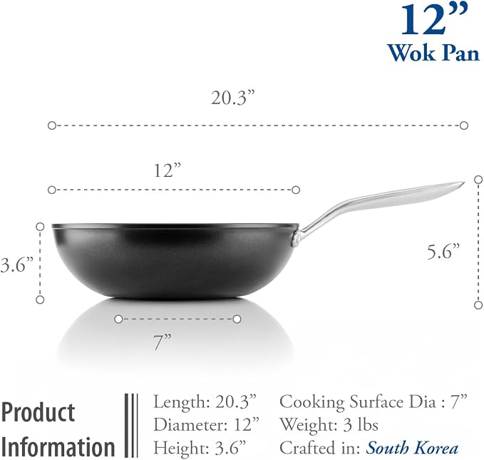 TECHEF - Onyx Collection, 12" Nonstick Flat Bottom Wok/Stir-Fry Pan with Glass Lid, PFOA Free, Dishwasher and Oven Safe, Made in Korea