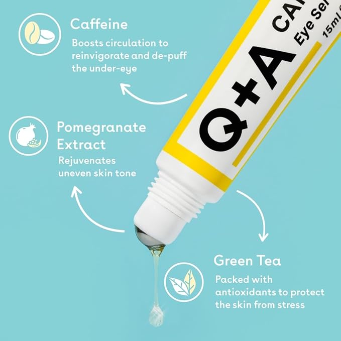 Q+A Caffeine Eye Serum (15ml), Brightening Eye Serum, 99.9% Natural Caffeine Treatment for Dark Circles, Puffiness & Fine Lines, with Green Tea & Pomegranate Antioxidants, Anti Aging Skincare