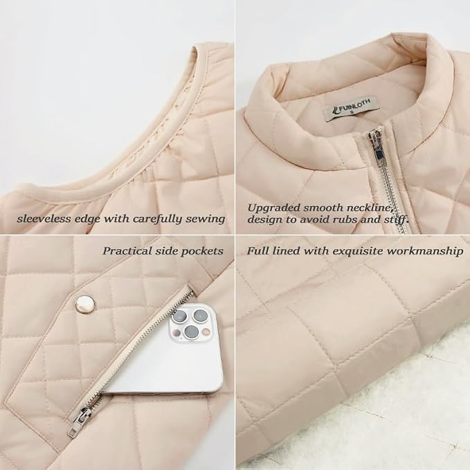 Fuinloth Women's Quilted Vest Lightweight Puffer Stand Collar Zip Gilet | 4 pockets with 2 inner storage. Quilted padded warm gilet. Fall winter outerwear layering vest for travel hiking daily wear.