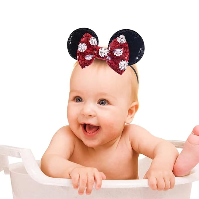 JIAHANG Mouse Ears Sequin Bow Nylon Hairband with Polka Dot, Hair Bow Headband, Soft Elastic Headwear for Baby Girl Newborn Toddler, kids, Party Supplies