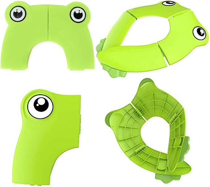Toilet Potty Training Seat Cover, Travel Toilet Seat, Folding Non Slip Silicone Pads, Travel Portable Reusable Kids Toddlers Boys Girls, Carry Bag (Green - Frog)