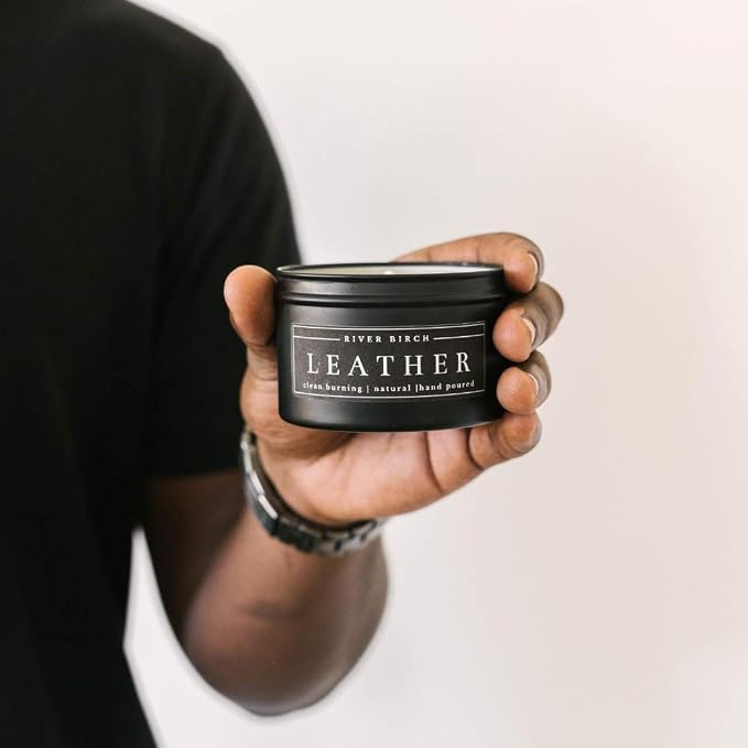 River Birch Leather Scented Candle 2-Pack | Premium, All-Natural, Non-Toxic Soy | Two 8 oz. Black Matte Tin Travel Candles | Cozy Relaxing Gifts for Home
