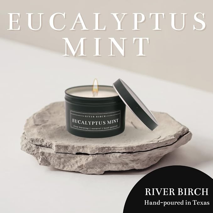 River Birch Candles Eucalyptus Mint Scented Candle | Premium, All-Natural, Non-Toxic, Soy Candles | 8 oz. Black Matte Tin Travel Candle | Cozy Relaxing Gifts for Home