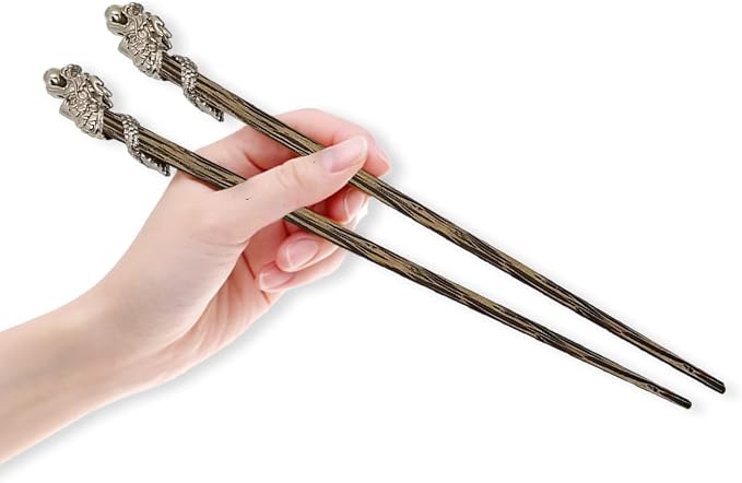 Wooden Chopsticks 9⅞" Long Coconut Palm Wood Chopstick With Metal Dragon Top Eating Utensils Oriental Cutlery Asian Tableware Decorative Dinnerware Serve Chinese Japanese Korean Food