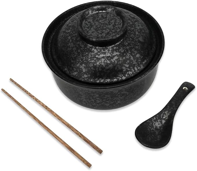 25 Oz Black Microwavable Ramen Bowl with Lid, Spoon & Chopsticks - Large Ceramic Japanese Soup Bowl, Korean Style Clay Pot for Noodles, Soup & Rice