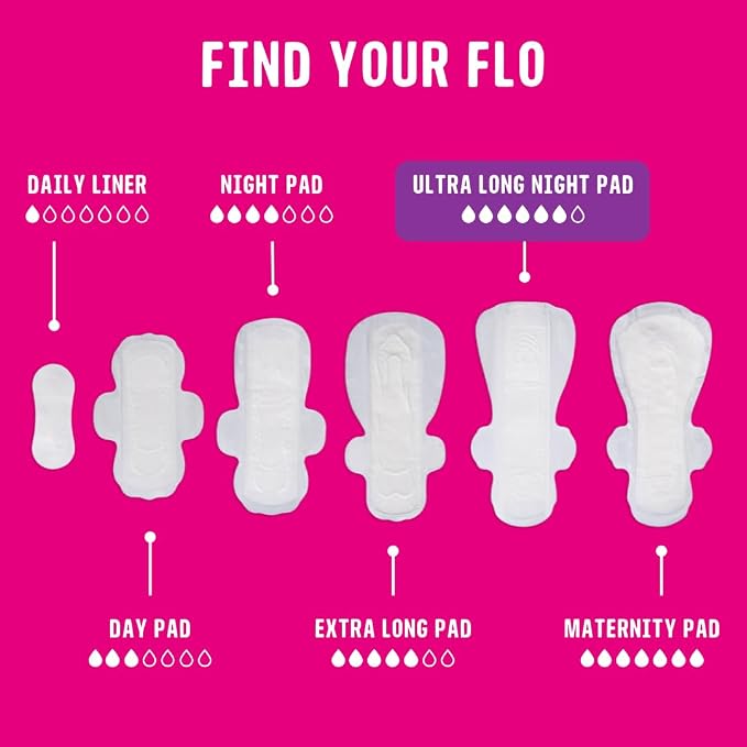Flo Ultra Long Night Menstrual Pads, 40 Count - Heavy Flow Absorbency, 3D Leak Barrier, Bamboo Rayon, Plant-Based, Vegan, Cruelty-Free