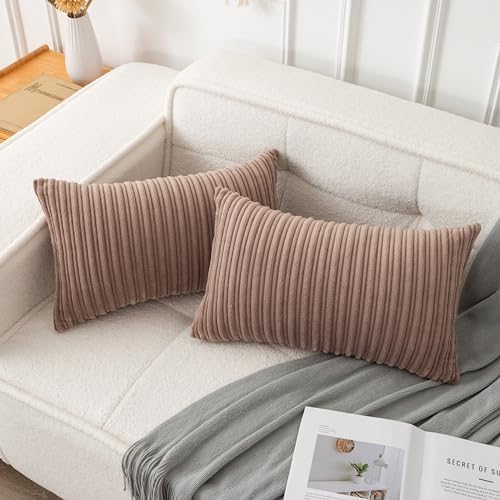 UGASA Soft Velvet Stripe Decorative Lumbar Pillow Cover 1 Pack Solid Corduroy Textured Euro Oblong Cushion Case for Couch Bedroom Sofa Farmhouse, 12x20 Inch, Light Brown