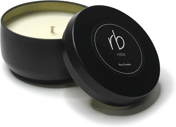 rosbas Palo Santo Soy Wax Candle - 6 oz Tin in Drawstring Cotton Bag - Clean Burning for Energy Cleansing - Black - Made in USA