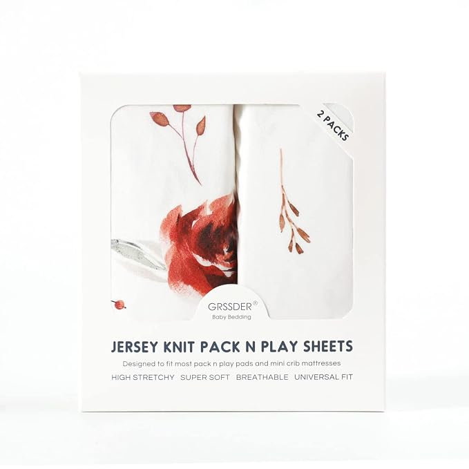 Stretchy Ultra Soft Jersey Knit Pack n Play Sheets Set 2 Pack, Portable/Mini Crib Sheets with Deep Pocket, Universal Fit Playard Pads Safe and Snug, Pretty Rose Flora for Girls, Orange Pink