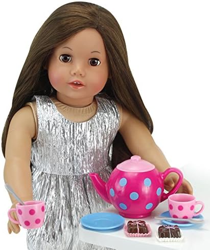 Sophia's Sprinkled Cupcakes, Colorful Petit Four Cakes, Napkins, Polka Dot Tea Pot and Settings for Four 18 Inch Dolls, Pink