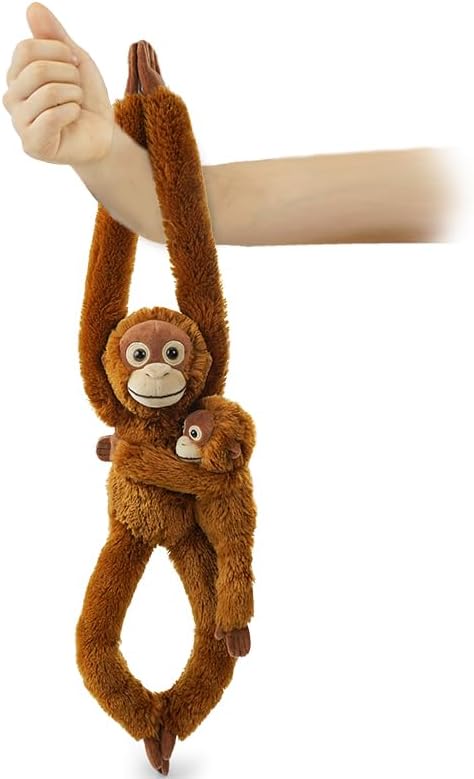 2pcs Orangutans Hanging Stuffed Animal Mother with Baby Hangs Plush Toys, Hooks and Stuffed Animals with Rings for Kids 4-8, Gifts for Boys and Girls（Red）