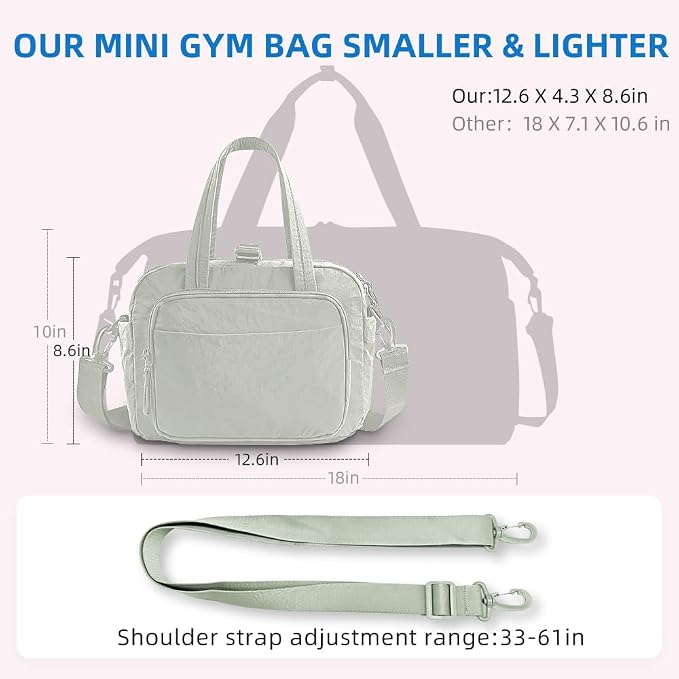 mini gym bag for women, travel duffel bag with wet pockets and Shoe Compartment,Lightweight carry on weekender duffel, water resistant,for sports,yoga,dance,green