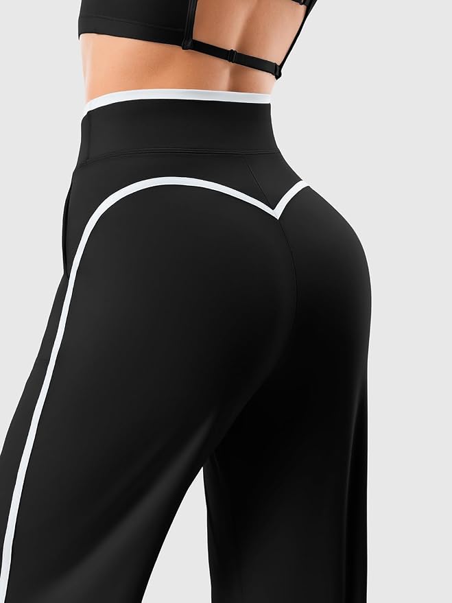Women's Wide Leg Yoga Pants with Side Stripe, High Waisted Color Block String Lounge Pants, Workout Flowy Track Pants with Pockets