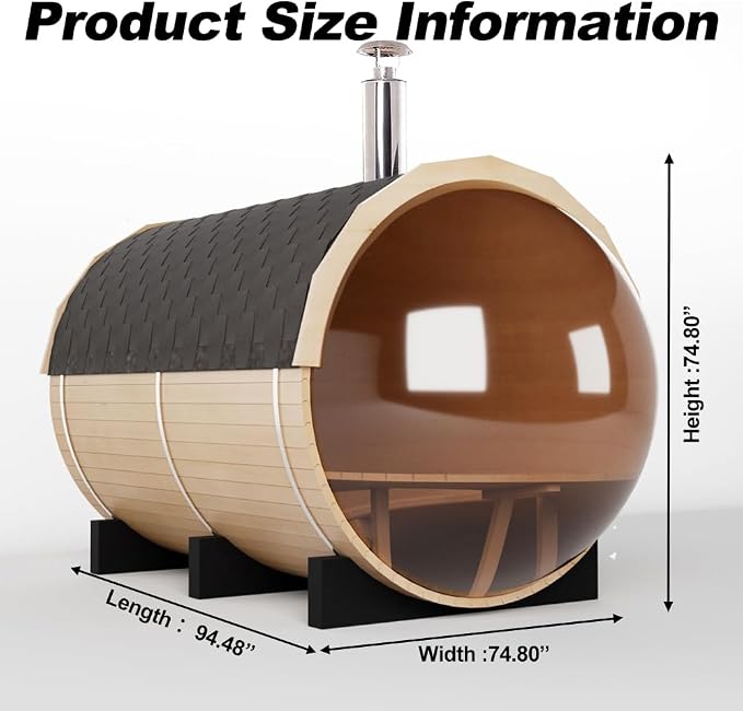 Outdoor Barrel Sauna, 6-8 Person Panoramic Saunas Room, Wood Burning Stove with Sauna Stone, Saunas Accessories and Asphalt Shingle Roof (Helmock, Wood Burning, 94.48"x74.86"x74.86"