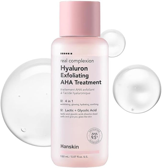 Hanskin Hyaluron Exfoliating AHA Treatment – Korean Exfoliating Toner with Glycolic & Lactic Acid for Smooth, Hydrated, Glass Skin | pH-Balanced Daily Skin Booster for Dull, Dry Skin, 5.07 fl oz