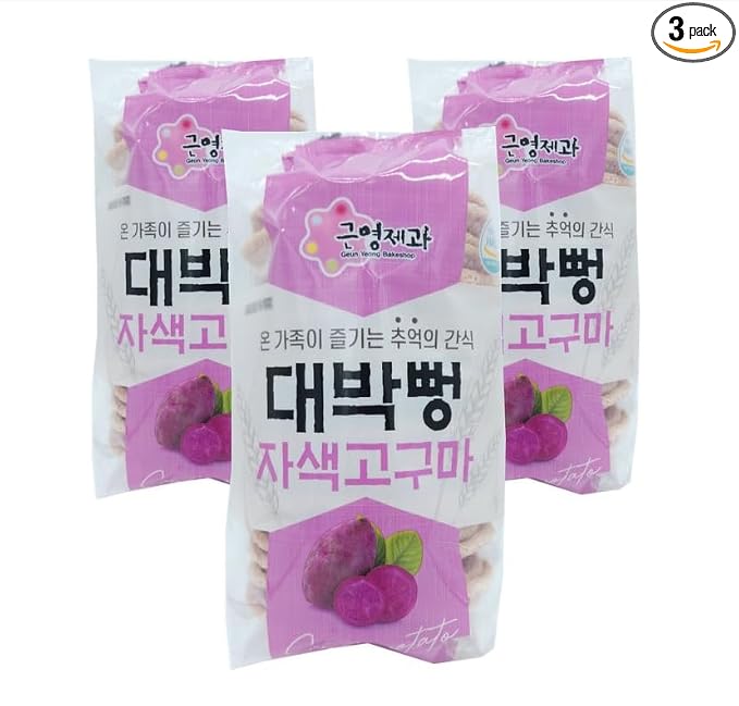 GEUNYEONG BAKESHOP Korean Traditional Freshly Popped Rice Cakes, Original(120g), Sweet Pumpkin(100g), and Purple Sweet Potato(100g) (3 Pack, Purple Sweet Potato)