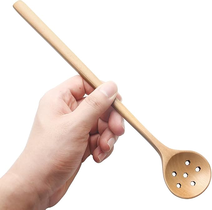 1 Pcs Olive Wooden Spoon,11 In Korean Style Long Handle Round Slotted Spoon | Long Slotted Spoon for Jam Olive