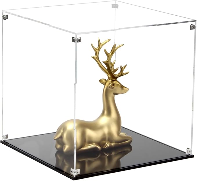 Clear Self-Assembly Acrylic Boxes for Display, Transparent Display Case with Black Base and Lid, Cube Countertop Storage Boxes Glass Case for Collectibles Models Doll Boy Figurine, 9x9x9Inch