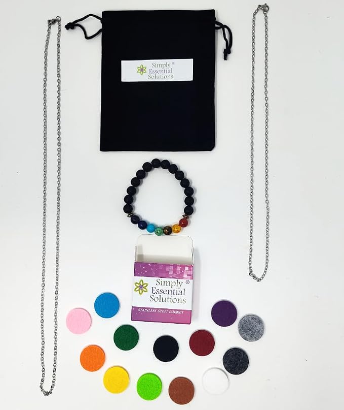 Aromatherapy Essential Oil Diffuser Stainless Steel 30MM Silver Magnetic Locket Pendant with Chain Necklace and Colored Refill Pads & Diffuser Bracelet All in a Velvet Bag (Tree of Life)