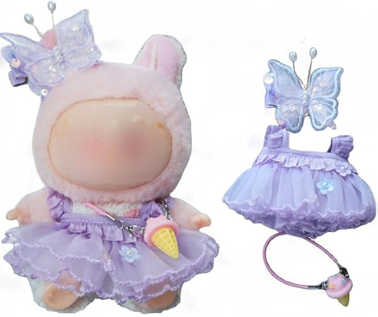 Clothes for LABUBU 17cm Dolls(No Doll -3 Set Outfit 17cm Doll Clothes for Labooboo ,Clothes Set for LABUBU Dress Up,Labubu Accessories with Butterfly Hair Clip